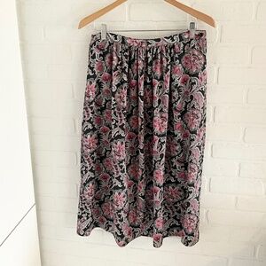 Vintage Midi Skirt Flowy Paisley Charcoal Gray Pink White Pockets Pleated 14